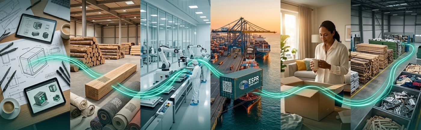 Product lifecycle journey from raw materials through manufacturing to consumer and recycling