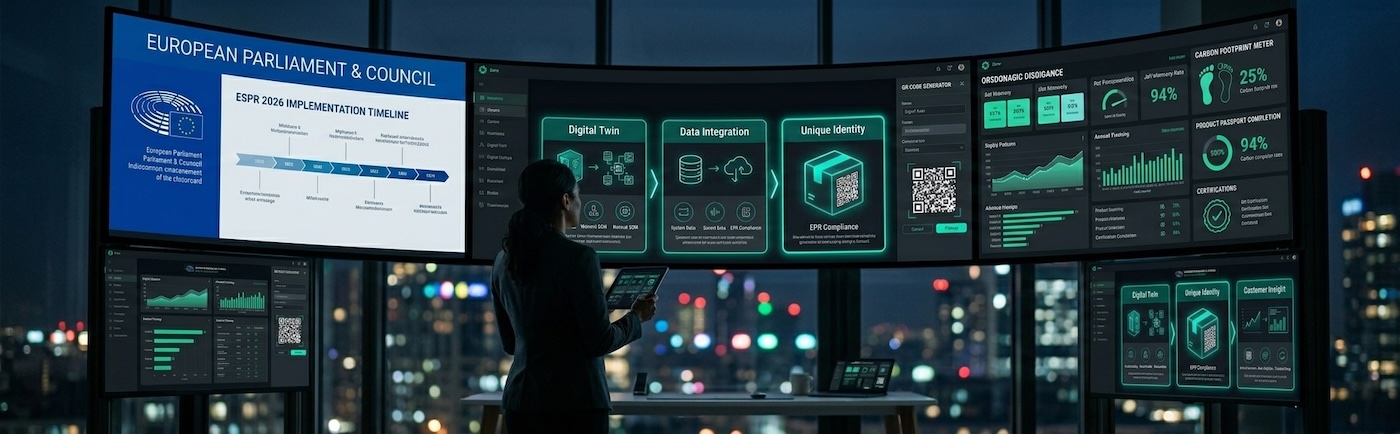 Enterprise digital platform dashboard with compliance data, sustainability metrics and supply chain overview