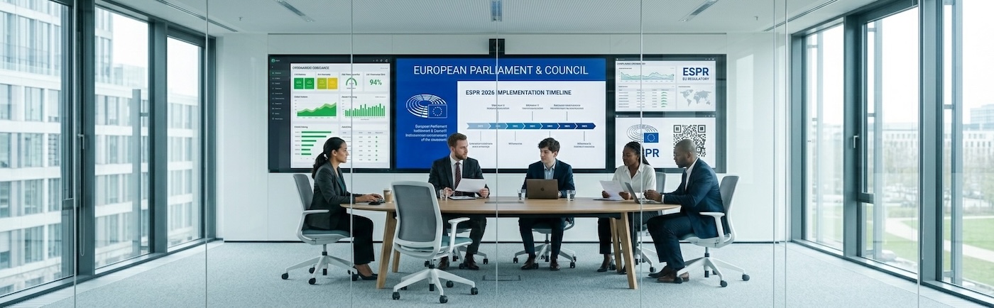 Diverse group of business and industry representatives in a modern European meeting room