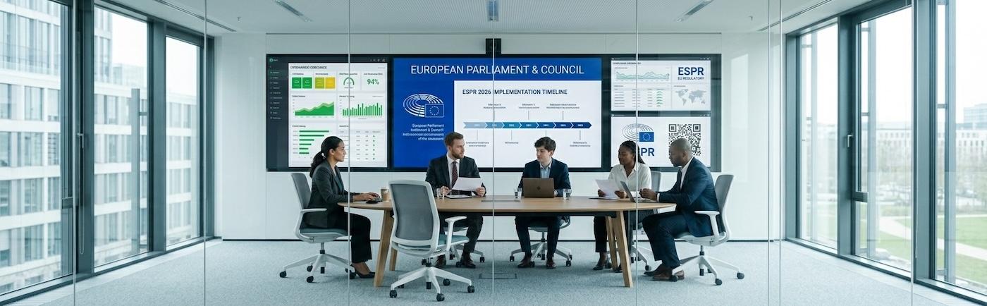 Diverse group of business and industry representatives in a modern European meeting room